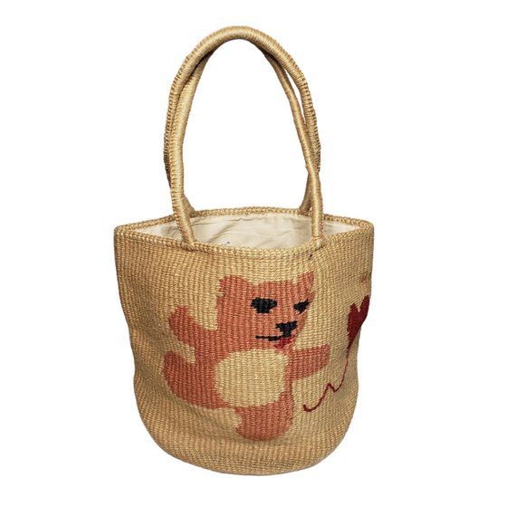 Woven Jute Tote Bag with Teddy Bear Chasing Heart Balloon Embroidery - Picture 1 of 6